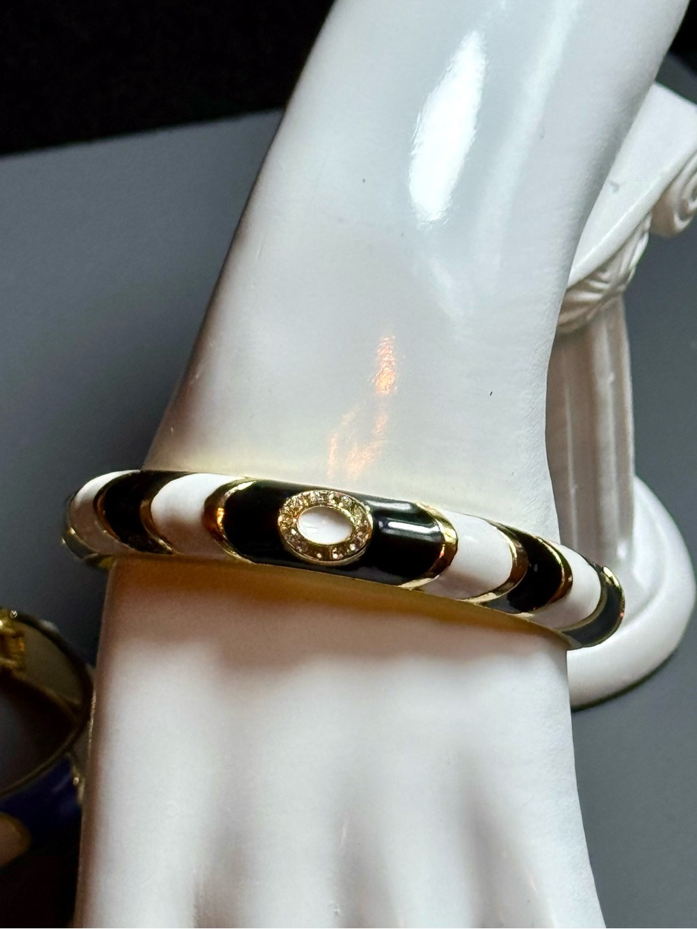 Sequin New York Jeweled Enamel Striped Hinged Bangle Bracelets NWOT Black